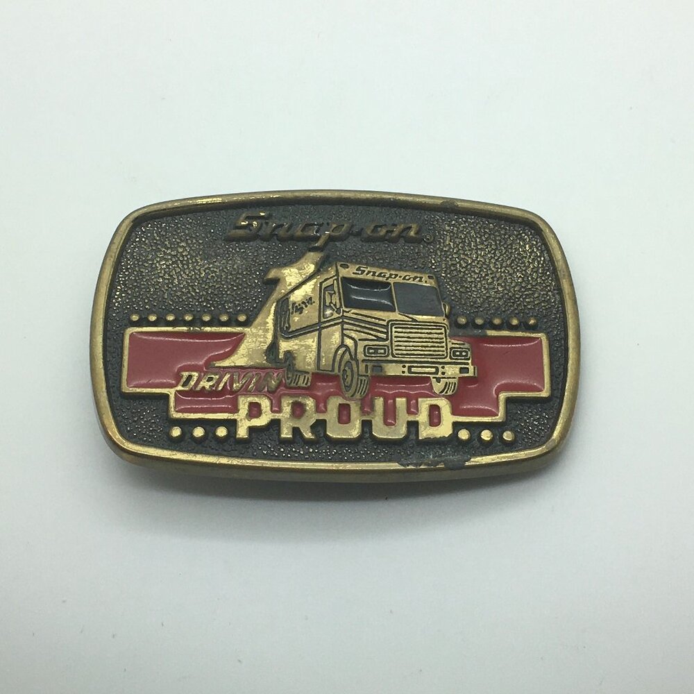 Vintage 1989 Snap -On Tools Drivin Proud Belt Buckle Red Enamel Trucker Hipster
